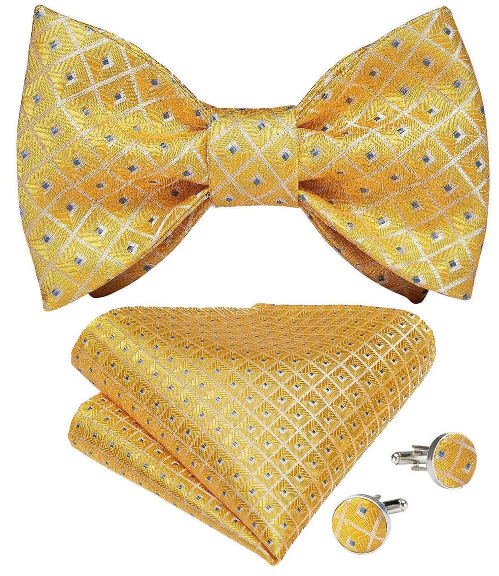 4106 Gold Bow Ties Yellow Plaid Bow Tie and Pocket Square Cufflinks Set